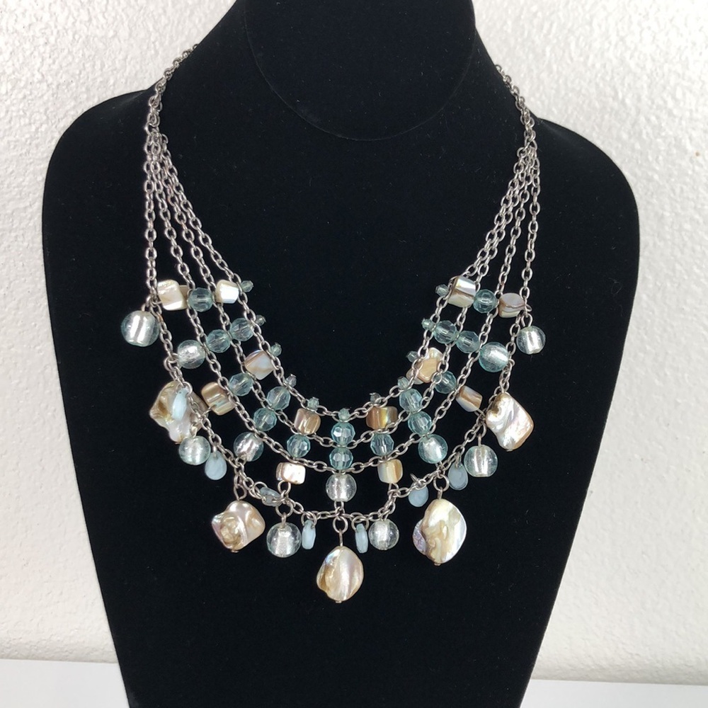 Seashell & Glass Bib Necklace Women’s Jewelry Beaded Choker Four Strand Chain